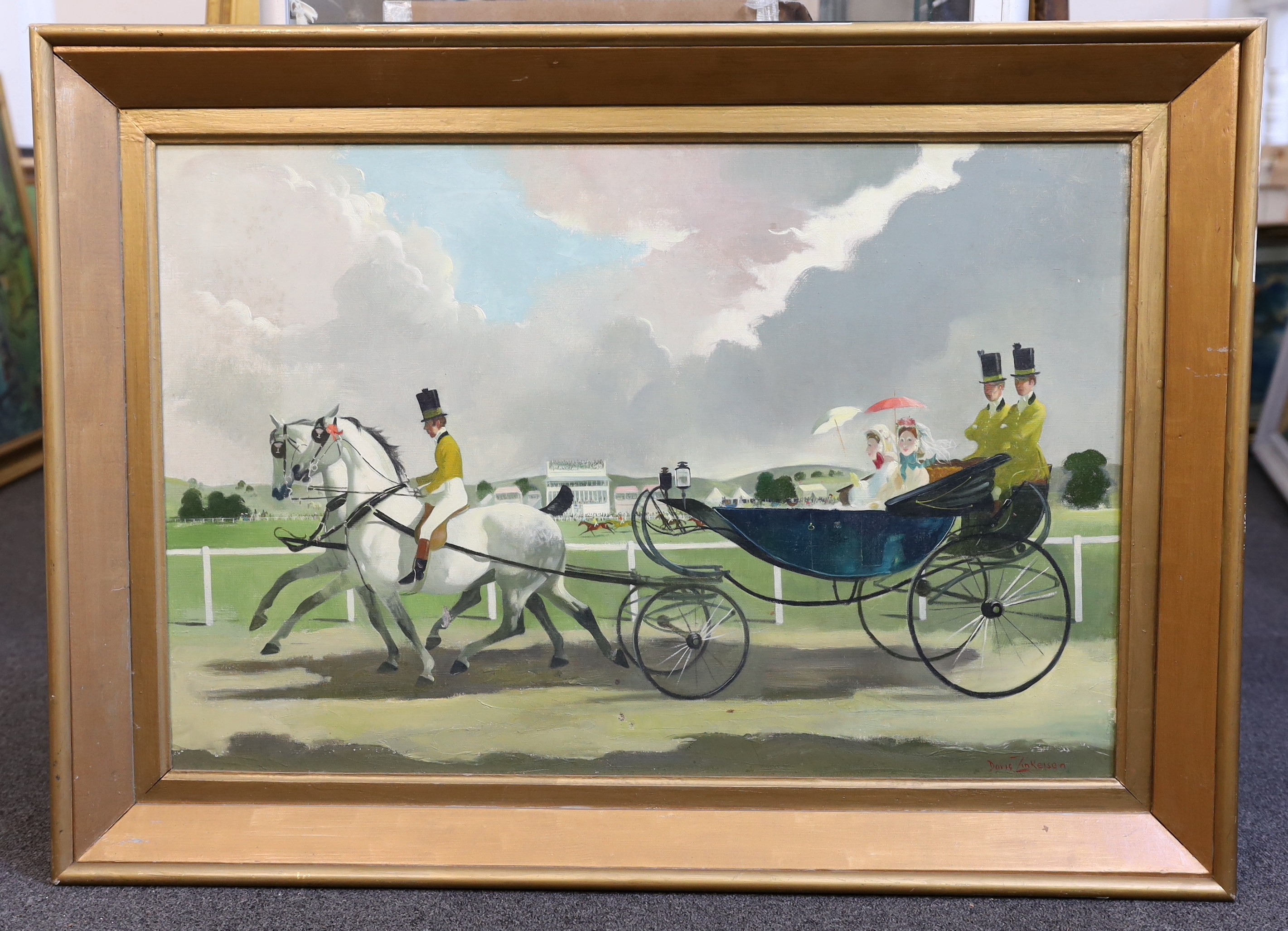 Doris Clare Zinkeisen (Scottish, 1898-1991), Ladies in a carriage passing a racecourse, oil on canvas, 50 x 75cm